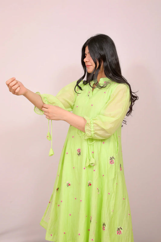 Lime Green Floral Embroidered Chanderi Kurta Pant Set for Women | Premium Ethnic Wear