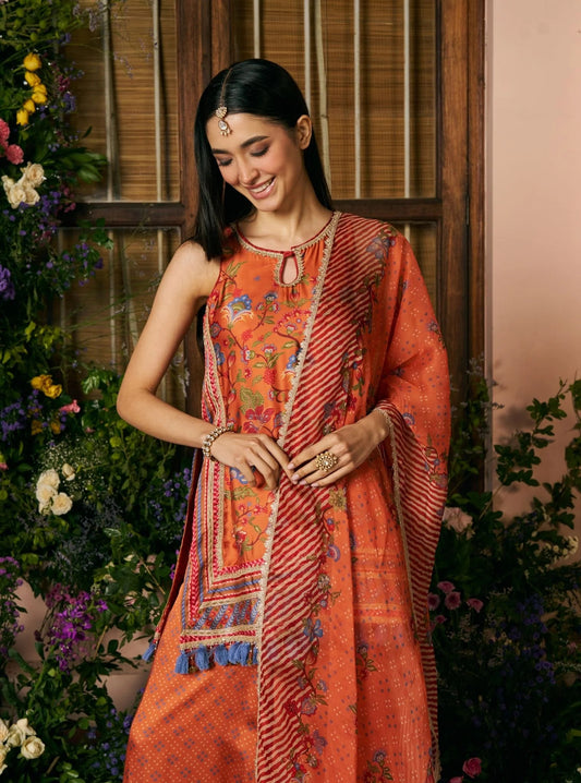 Rust Orange Floral Printed Satin Kurta Set with Draped Dupatta
