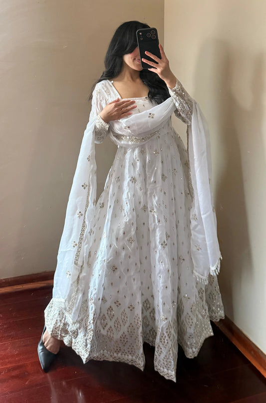 White Floral Embroidered Georgette Anarkali Style suit