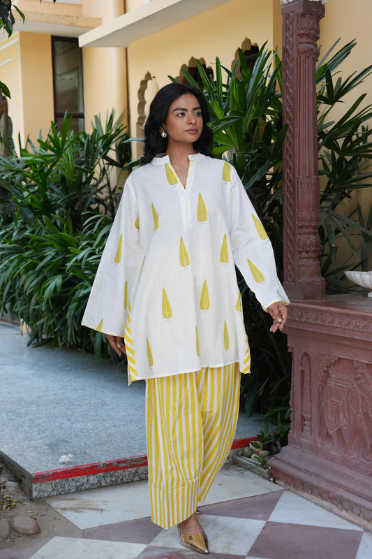 Ivory & Yellow Printed Mul Chanderi Farsi Salwar Suit