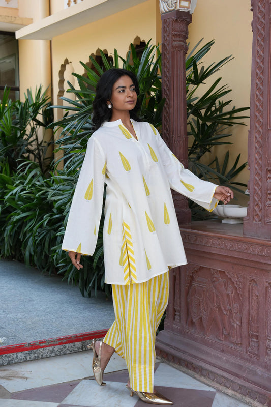Ivory & Yellow Printed Mul Chanderi Farsi Salwar Suit