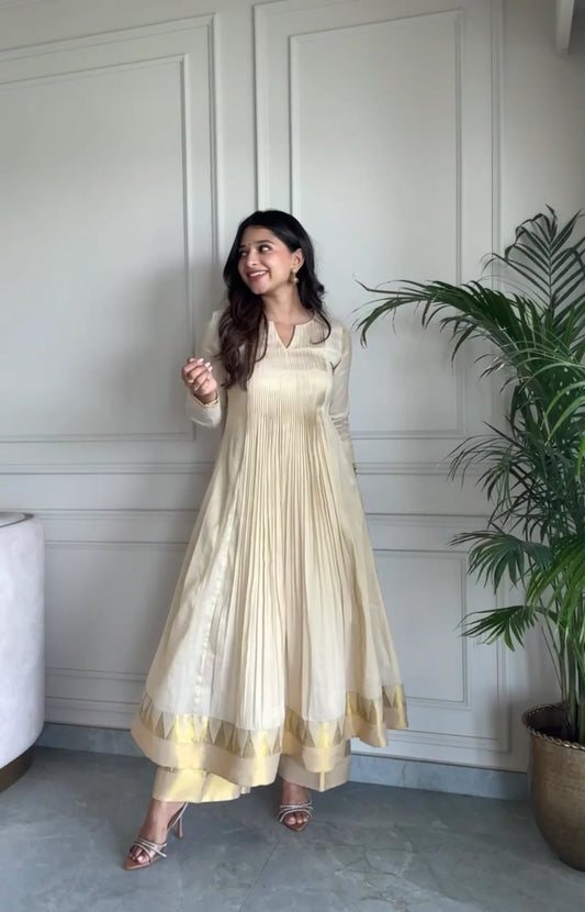 Ivory Pleated Anarkali Kurta Set in Simmer Silk with Golden Border
