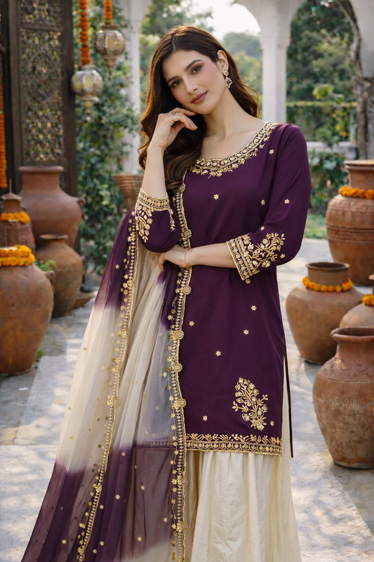 Elegant Purple & Ivory Embroidered Sharara Suit Set