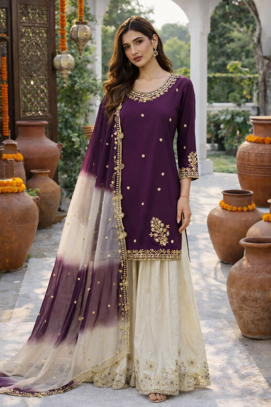 Elegant Purple & Ivory Embroidered Sharara Suit Set