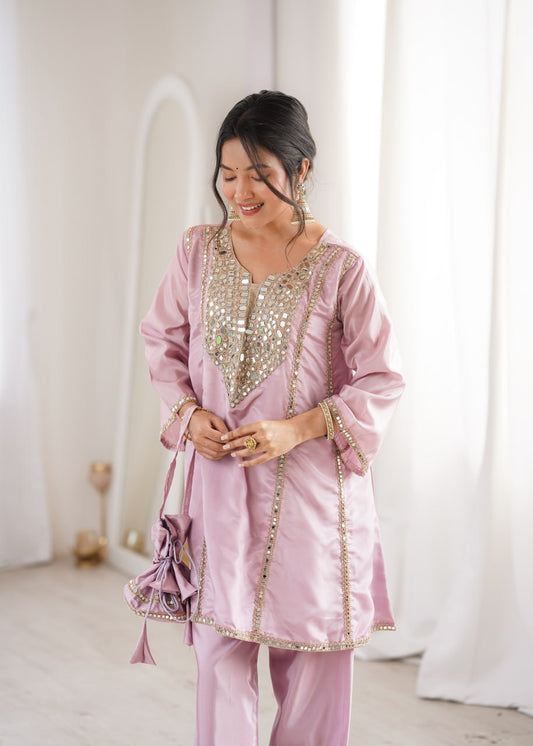 Blush Pink Mirror Work Kurta Pant Set with Potli Bag for Women