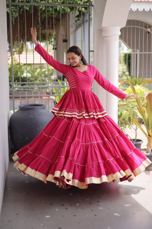 Pink Ivory Cotton Peplum Kurti & Tiered Lehenga Set