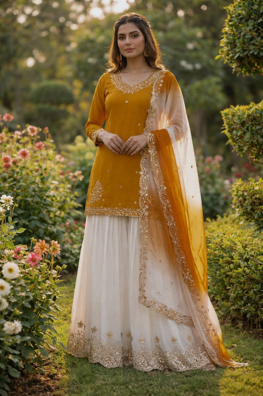 Elegant Orange & Ivory Embroidered Sharara Suit Set