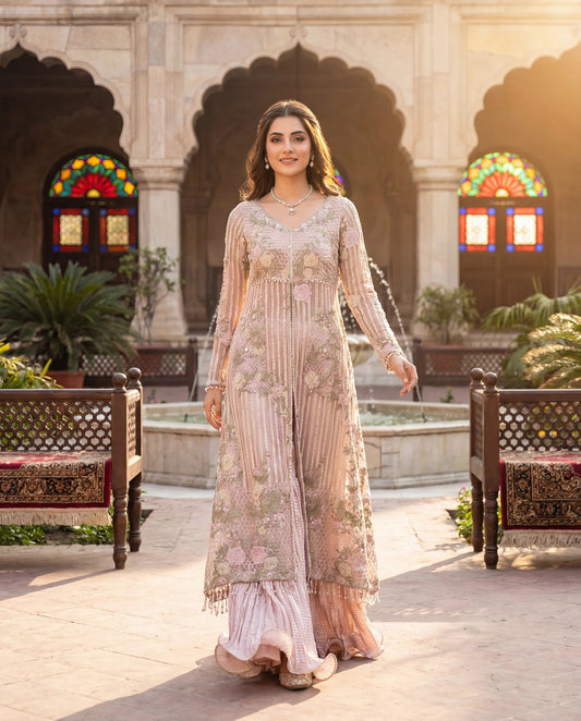 Ivory Blush Floral Embroidered Jacket Kurta with Sharara