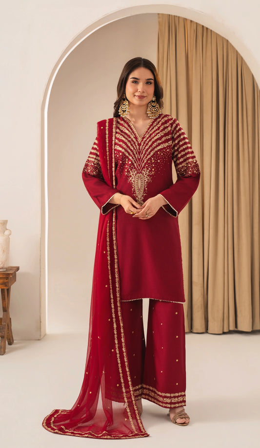 RED MIRACLE EMBROIDED 3 PC