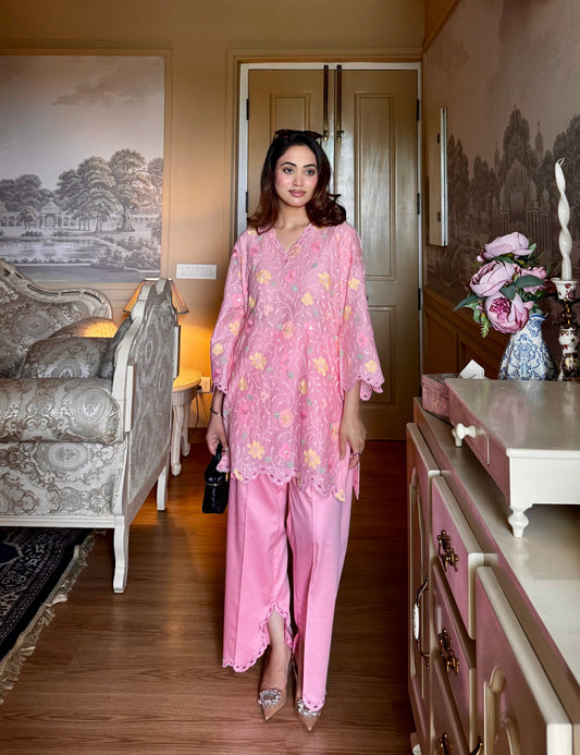 Pink Floral Embroidered Mul Chanderi Co-Ord Set