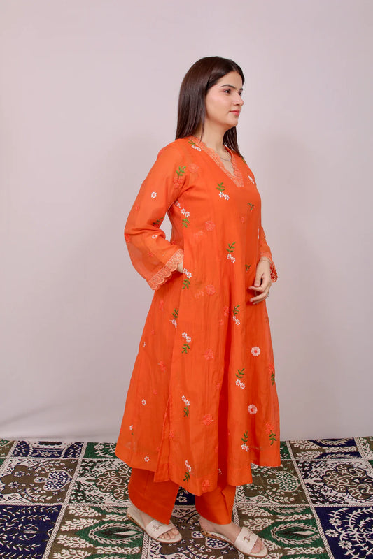 Orange Floral Embroidered Chanderi Kurta Pant Set for Women | Elegant Ethnic Wear