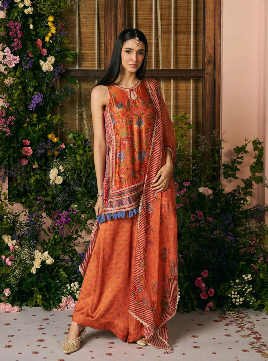 Rust Orange Floral Printed Satin Kurta Set with Draped Dupatta