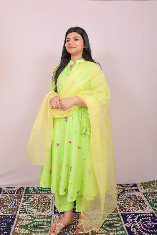 Lime Green Floral Embroidered Chanderi Kurta Pant Set for Women | Premium Ethnic Wear