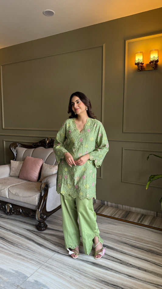 Pastel Green Floral Embroidered Mul Chanderi Co-Ord Set