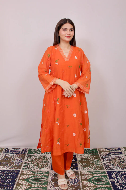 Orange Floral Embroidered Chanderi Kurta Pant Set for Women | Elegant Ethnic Wear