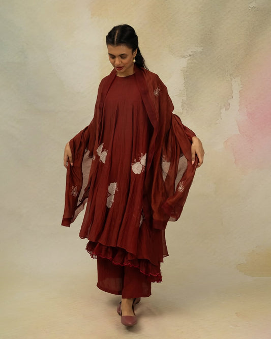 Rust Mul Chanderi Kurta Set with Floral Dupatta for Women