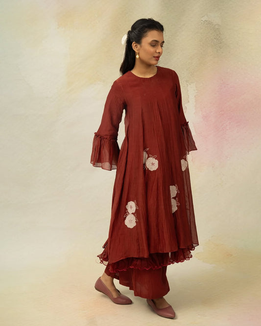 Rust Mul Chanderi Kurta Set with Floral Dupatta for Women