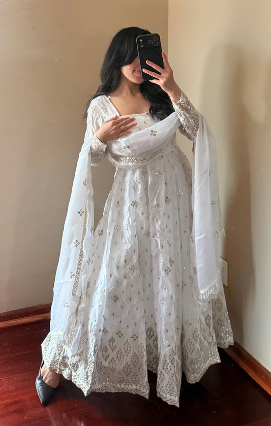 White Floral Embroidered Georgette Anarkali Style suit