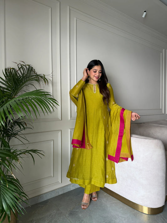 Olive Green Embroidered Mul Chanderi Kurta Set with Contrast Dupatta
