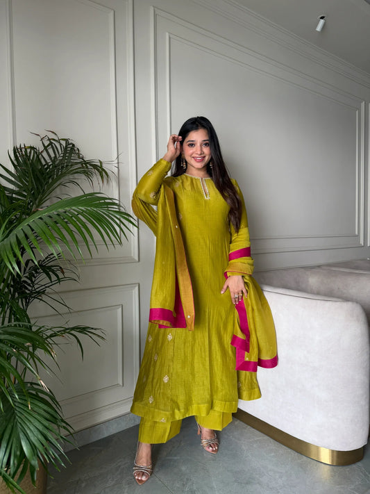 Olive Green Embroidered Mul Chanderi Kurta Set with Contrast Dupatta