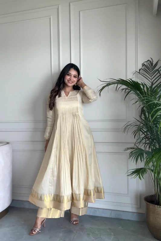Ivory Pleated Anarkali Kurta Set in Simmer Silk with Golden Border