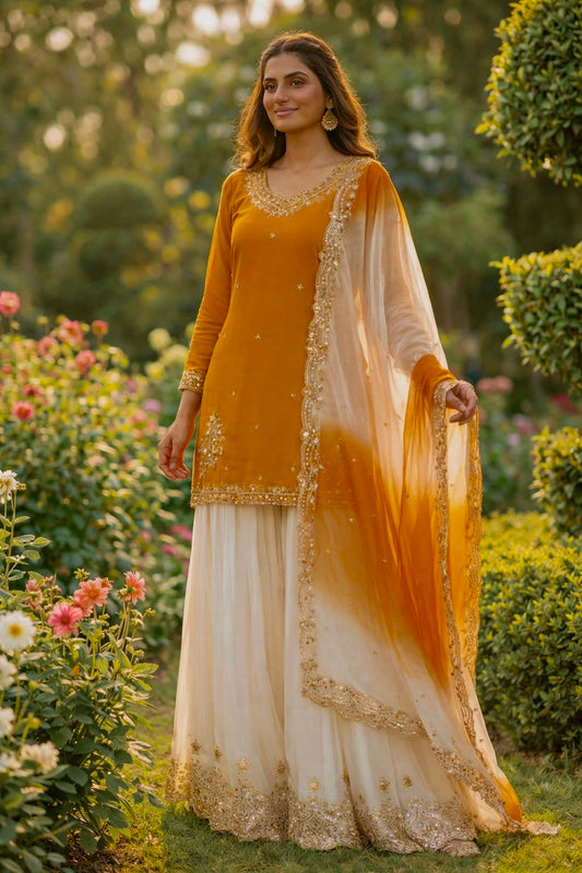 Elegant Orange & Ivory Embroidered Sharara Suit Set