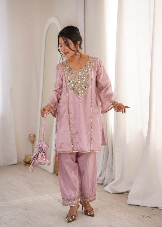 Blush Pink Mirror Work Kurta Pant Set with Potli Bag for Women