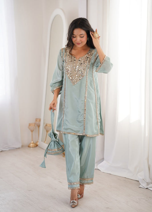 See blue Mirror Work Kurta Pant Set