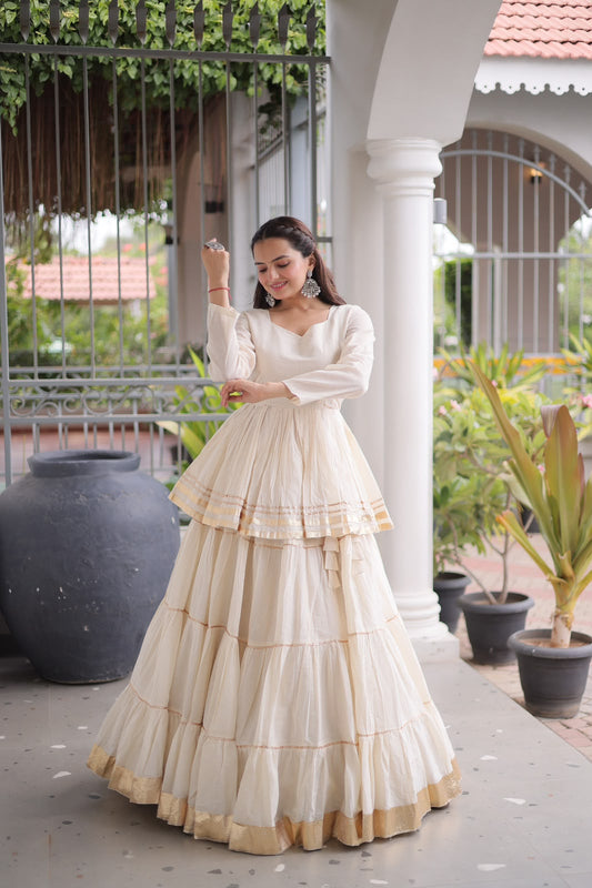 Premium Ivory Cotton Peplum Kurti & Tiered Lehenga Set