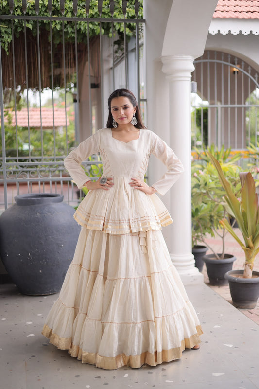 Premium Ivory Cotton Peplum Kurti & Tiered Lehenga Set