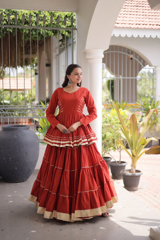 Premium Rust orange  Cotton Peplum Kurti & Tiered Lehenga Set