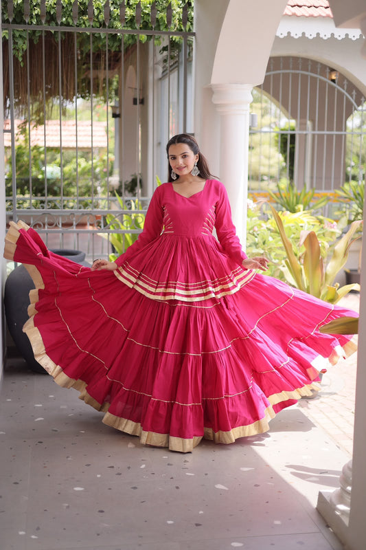 Pink Ivory Cotton Peplum Kurti & Tiered Lehenga Set