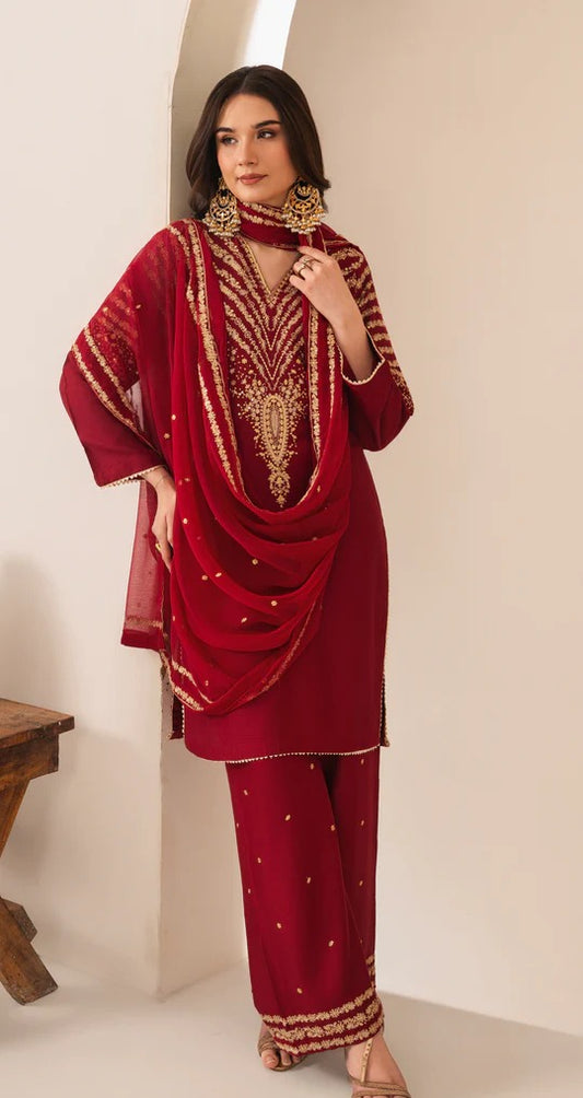 RED MIRACLE EMBROIDED 3 PC