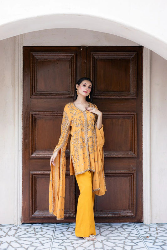 orange chiffon georgette jacket-style long-sleeved shirt