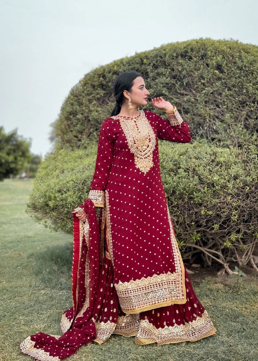 Suits By Sadia Sajalali gharara mehroon