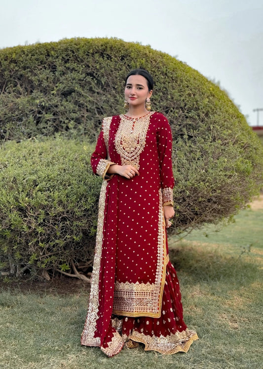 Suits By Sadia Sajalali gharara mehroon
