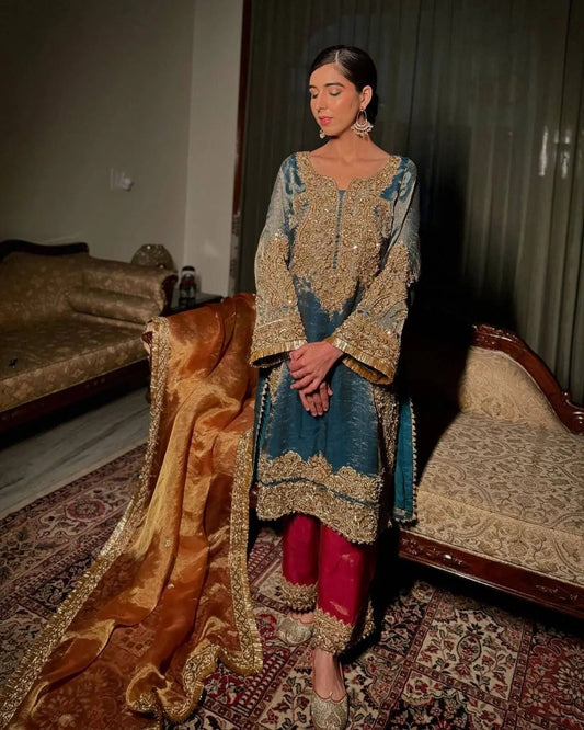 Teal Silk Zari Embroidered Kurta Set with Red Pants & Dupatta