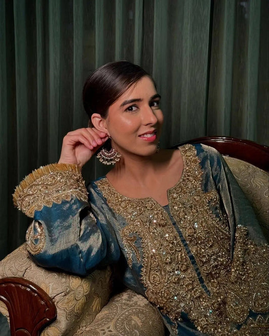 Teal Silk Zari Embroidered Kurta Set with Red Pants & Dupatta