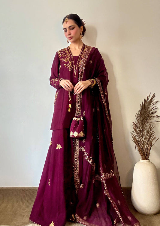Maroon Embroidered Kurta Set with Flared Pants & Dupatta