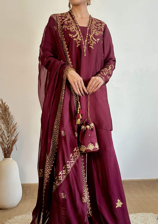 Maroon Embroidered Kurta Set with Flared Pants & Dupatta