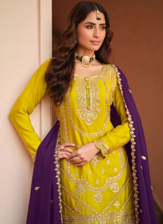 Mustard Chinon Silk Embroidered Sequins Palazzo Suit Festive Wear