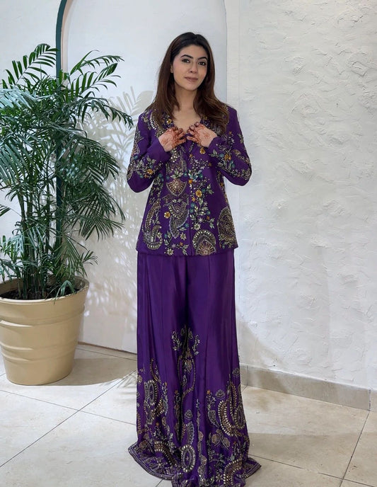 PERFECT FOR PARTY AND WEDDING OUR DESIGNER WEAR 3 PIECE PLAZZO PAIR WITH SEQUENCE EMBROIDERY WORK❤️