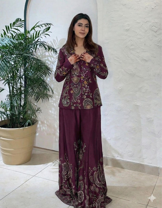 PERFECT FOR PARTY AND WEDDING OUR DESIGNER WEAR 3 PIECE PLAZZO PAIR WITH SEQUENCE EMBROIDERY WORK❤️